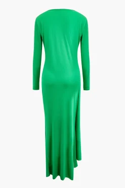 MICAS Long Sleeve Dresses|Maxi Dresses-Asymmetrical Hem Round Neck Ruched Long Sleeve Maxi Dress GREEN