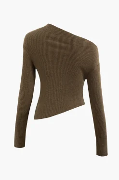 MICAS Knitwear|Knit Tops-Asymmetrical Long Sleeve Rib Knit Top TAN