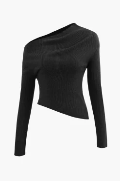 MICAS Knitwear|Knit Tops-Asymmetrical Long Sleeve Rib Knit Top TAN