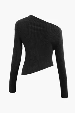 MICAS Knitwear|Knit Tops-Asymmetrical Long Sleeve Rib Knit Top TAN