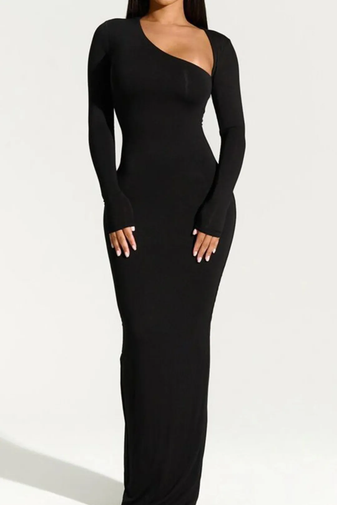 MICAS Long Sleeve Dresses|Maxi Dresses-Asymmetrical Neck Slit Maxi Dress