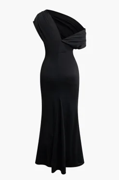 MICAS Maxi Dresses-Asymmetrical One Shoulder Ruched Slit Maxi Dress BLACK