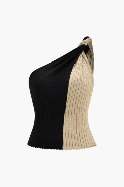 MICAS Knitwear|Knit Tops-Asymmetrical Patchwork Knit Tank Top BLACK