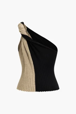 MICAS Knitwear|Knit Tops-Asymmetrical Patchwork Knit Tank Top BLACK