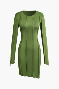 MICAS Long Sleeve Dresses|Mini Dresses-Asymmetrical Round Neck Seam Detail Long Sleeve Mini Dress GREEN