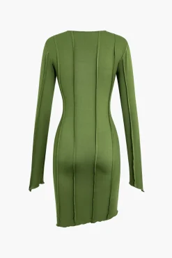 MICAS Long Sleeve Dresses|Mini Dresses-Asymmetrical Round Neck Seam Detail Long Sleeve Mini Dress GREEN