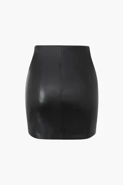 MICAS Skirts-Asymmetrical Ruched Faux Leather Mini Skirt