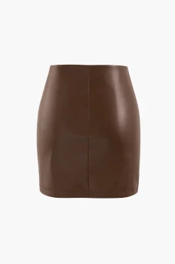 MICAS Skirts-Asymmetrical Ruched Faux Leather Mini Skirt