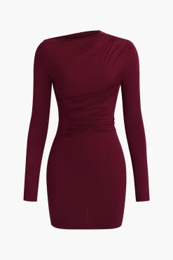 MICAS Long Sleeve Dresses|Mini Dresses-Asymmetrical Ruched Long Sleeve Mini Dress