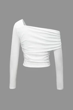 MICAS Long Sleeve Tops|Long Sleeves Tops-Asymmetrical Ruched Long Sleeve Top WHITE
