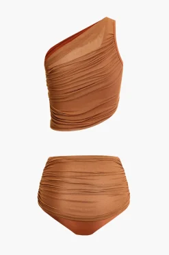 MICAS Swimwear|Vacation Sets-Asymmetrical Ruched Sleeveless Mesh Swimsuit CINNAMON