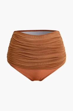 MICAS Swimwear|Vacation Sets-Asymmetrical Ruched Sleeveless Mesh Swimsuit CINNAMON