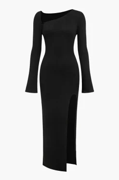 MICAS Long Sleeve Dresses|Maxi Dresses-Asymmetrical Slit Maxi Dress BLACK