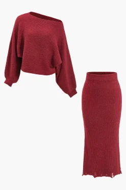 MICAS Knit Sets-Asymmetrical Top And Skirt Set BURGUNDY