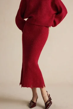 MICAS Knit Sets-Asymmetrical Top And Skirt Set BURGUNDY