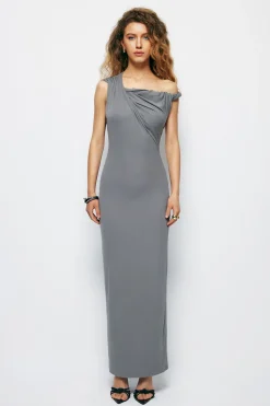 MICAS Maxi Dresses-Asymmetrical Twist Maxi Dress GRAY