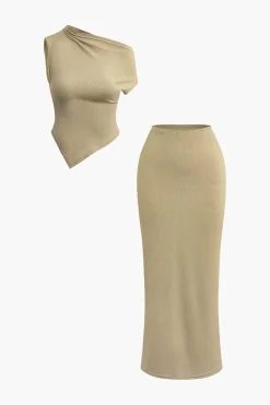 MICAS Skirt Sets-Asymmetrical Twist Top And High Waist Maxi Skirt Set