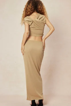 MICAS Skirt Sets-Asymmetrical Twist Top And High Waist Maxi Skirt Set