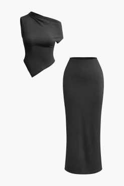 MICAS Skirt Sets-Asymmetrical Twist Top And High Waist Maxi Skirt Set