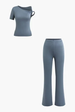 MICAS Pant Sets|Vacation Sets-Asymmetrical Twisted Top And Flared Pants Set BLUE
