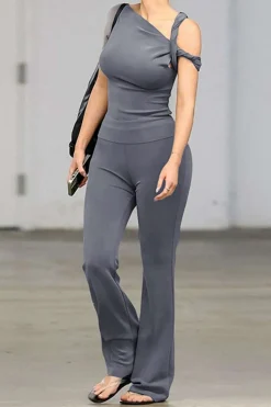 MICAS Pant Sets|Vacation Sets-Asymmetrical Twisted Top And Flared Pants Set BLUE