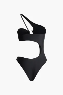 MICAS Swimwear-Asymmetrical U-ring Cut Out Ruched One-Piece Swimsuit BLACK