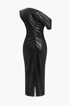 MICAS Midi Dresses-Asymmetry Faux Leather Zipper Midi Dress BLACK