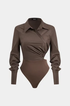 MICAS Bodysuits-Asymmetry Patchwork Ruched Cut Out Long Sleeve Bodysuit BROWN