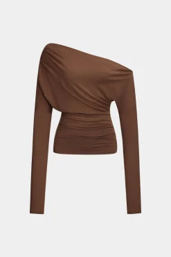 MICAS Long Sleeve Tops|Long Sleeves Tops-Asymmetry Shoulder Ruched Long-Sleeve Top CHOCOLATE