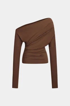 MICAS Long Sleeve Tops|Long Sleeves Tops-Asymmetry Shoulder Ruched Long-Sleeve Top CHOCOLATE