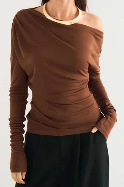 MICAS Long Sleeve Tops|Long Sleeves Tops-Asymmetry Shoulder Ruched Long-Sleeve Top CHOCOLATE