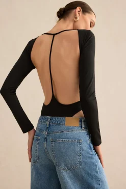 MICAS Bodysuits-Backless Cut Out Long Sleeve Bodysuit BLACK