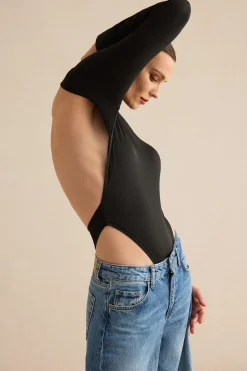 MICAS Bodysuits-Backless Cut Out Long Sleeve Bodysuit BLACK