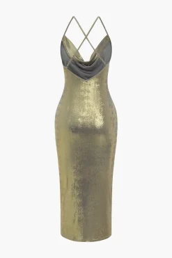 MICAS Midi Dresses-Backless Draped Cowl Neck Midi Dress CHAMPAGNE