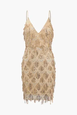 MICAS Mini Dresses-Backless Fringe Sequin Mini Dress CHAMPAGNE BEIGE