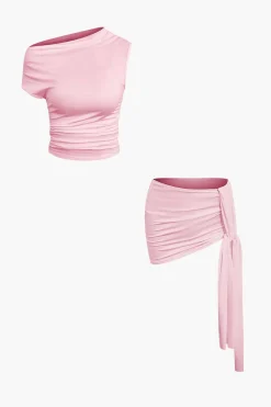 MICAS Skirt Sets|Vacation Sets-Basic Asymmetrical Ruched Crop Top And Tie Mini Skirt Set
