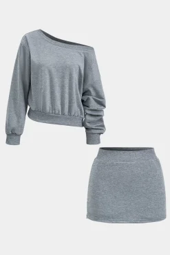 MICAS Skirt Sets-Basic Asymmetry Long Sleeve Top And Skirt Set GRAY