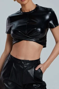 MICAS T-Shirts-Basic Faux Leather Cropped Tee