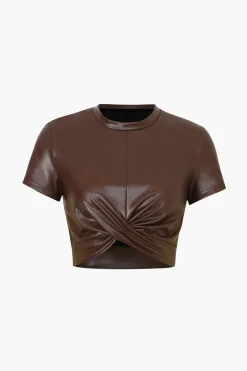 MICAS T-Shirts-Basic Faux Leather Cropped Tee