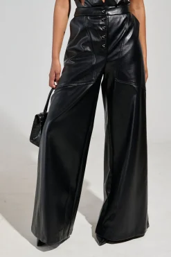 MICAS Pants-Basic Faux Leather High-Waist Trousers BLACK