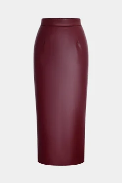MICAS Skirts-Basic Faux Leather Slit Skirt BURGUNDY
