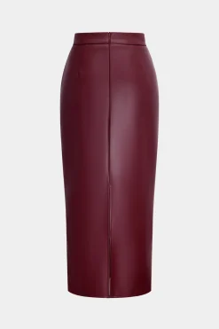 MICAS Skirts-Basic Faux Leather Slit Skirt BURGUNDY