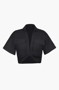 MICAS Blouses & Shirts-Basic Flap Pocket Twist Hem Shirt