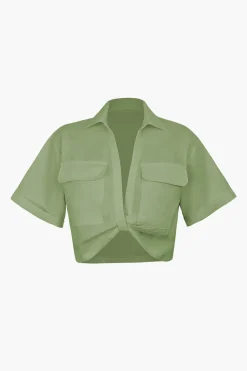 MICAS Blouses & Shirts-Basic Flap Pocket Twist Hem Shirt