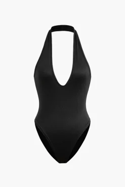 MICAS Bodysuits-Basic Halter Neck Deep V Neck Sleeveless Bodysuit BLACK