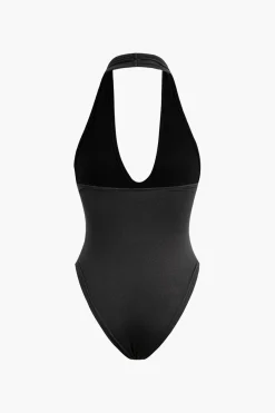 MICAS Bodysuits-Basic Halter Neck Deep V Neck Sleeveless Bodysuit BLACK