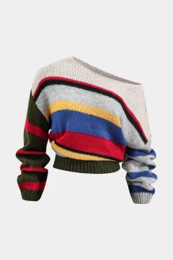 MICAS Knitwear|Knit Tops-Basic Knit Color Block Long-Sleeve Top MULTICOLOR
