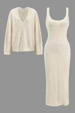 MICAS Knitwear|Knit Sets-Basic Knit V-Neck Top And Dress Set IVORY
