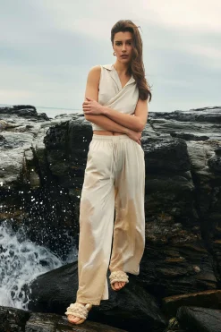 MICAS Pants-Basic Linen Drawstring Wide Leg Pants WHEAT