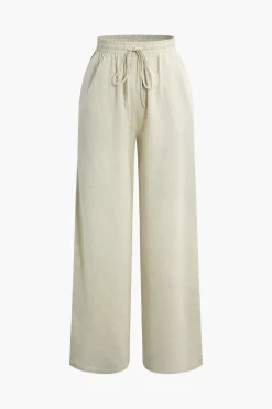 MICAS Pants-Basic Linen Drawstring Wide Leg Pants WHEAT